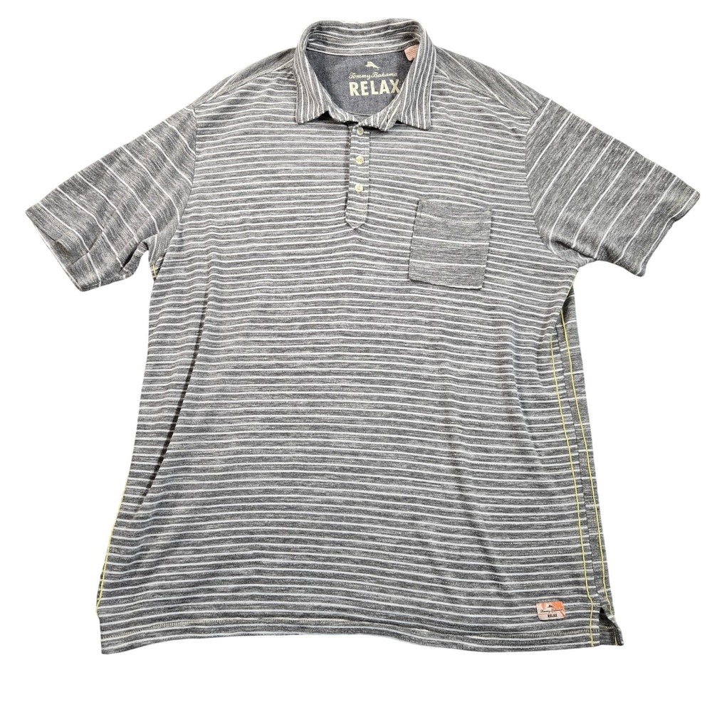Tommy Bahama Relax Polo Shirt Mens XL Gray Stripe Jersey Knit Pocket Casual